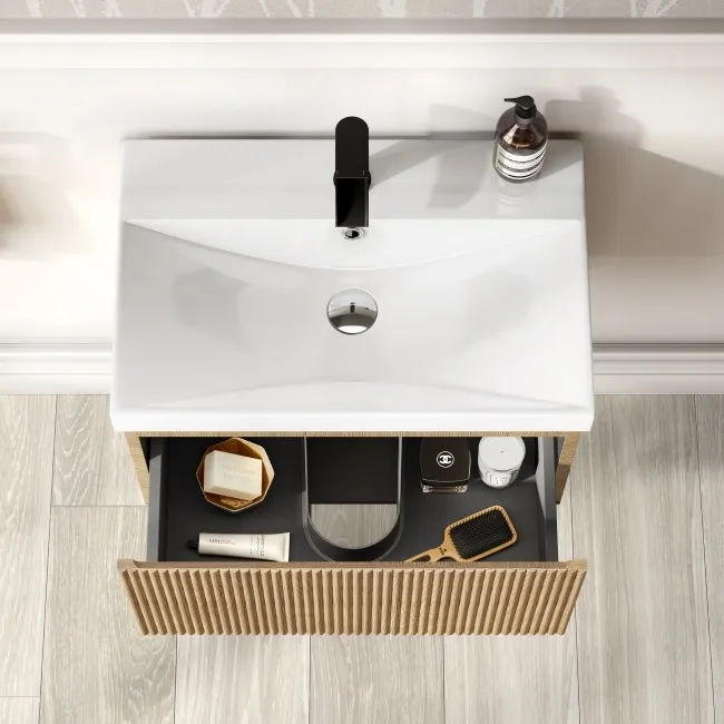 Malta Fluted Country Oak Wall Hung Basin Drawer Vanity 600mm