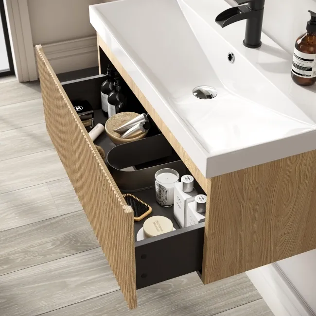 Malta Fluted Country Oak Wall Hung Basin Drawer Vanity 800mm