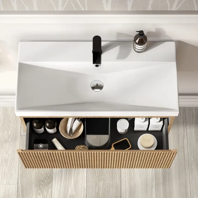 Malta Fluted Country Oak Wall Hung Basin Drawer Vanity 800mm