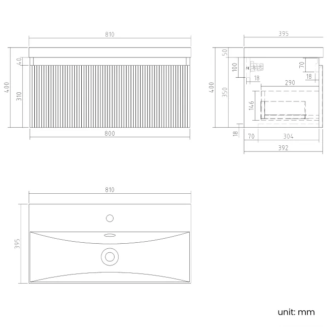 Malta Fluted Country Oak Wall Hung Basin Drawer Vanity 800mm