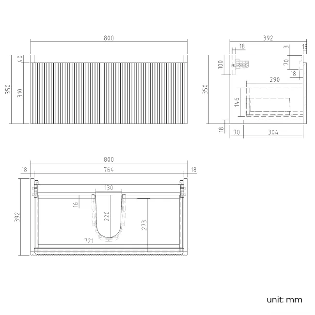 Malta Fluted Country Oak Wall Hung Basin Drawer Vanity 800mm