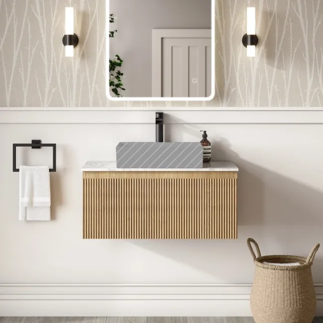 Malta Fluted Country Oak Wall Hung Drawer Vanity with Marble Top 800mm - Excludes Counter Top Basin