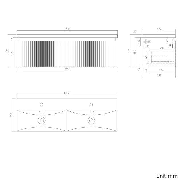 Malta Fluted Country Oak Wall Hung Double Basin Drawer Vanity 1200mm