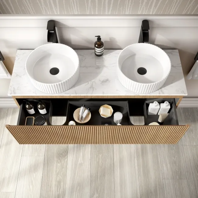 Malta Fluted Country Oak Double Wall Hung Drawer Vanity with Marble Top & Nevis Basin 1200mm