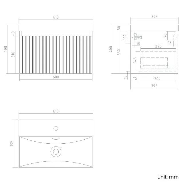 Malta Fluted Black Walnut Wall Hung Basin Drawer Vanity 600mm