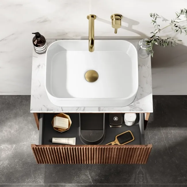Malta Fluted Black Walnut Wall Hung Drawer Vanity with Marble Top & Marin Basin 600mm