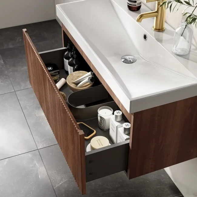 Malta Fluted Black Walnut Wall Hung Basin Drawer Vanity 800mm