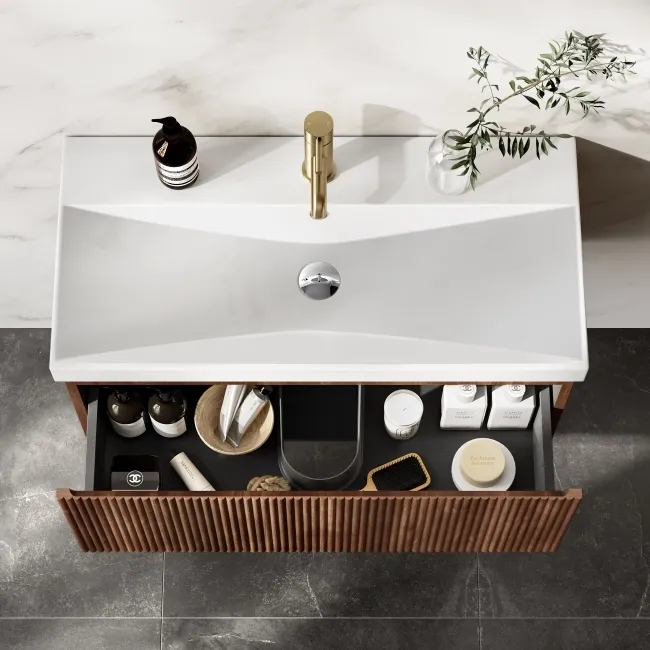 Malta Fluted Black Walnut Wall Hung Basin Drawer Vanity 800mm