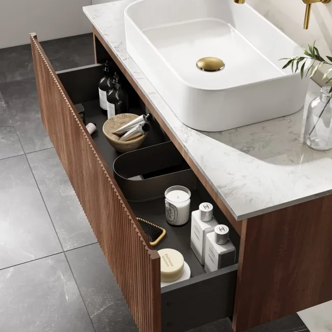 Malta Fluted Black Walnut Wall Hung Drawer Vanity with Marble Top & Marin Basin 1000mm