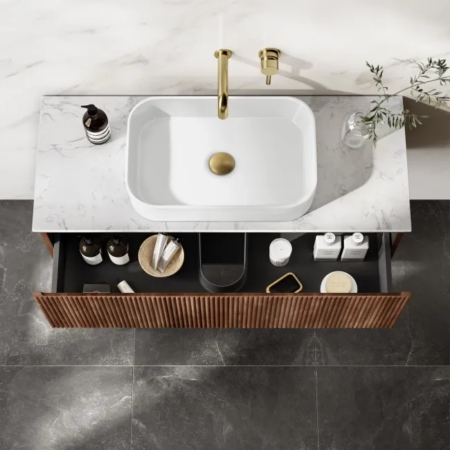 Malta Fluted Black Walnut Wall Hung Drawer Vanity with Marble Top & Marin Basin 1000mm