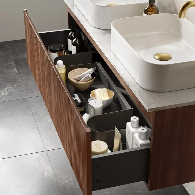 Malta Fluted Black Walnut Double Wall Hung Drawer Vanity with Marble Top & Marin Basin 1200mm