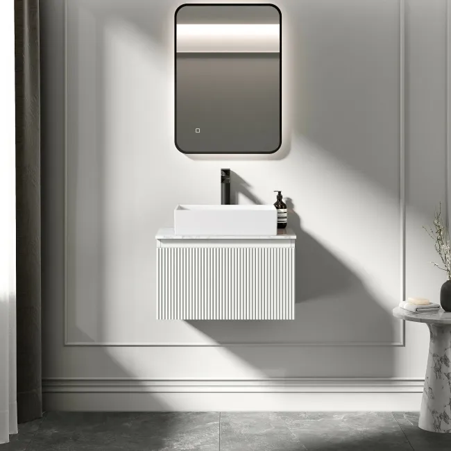 Malta Fluted Coastal White Wall Hung Drawer Vanity with Marble Top & Cody Basin 600mm