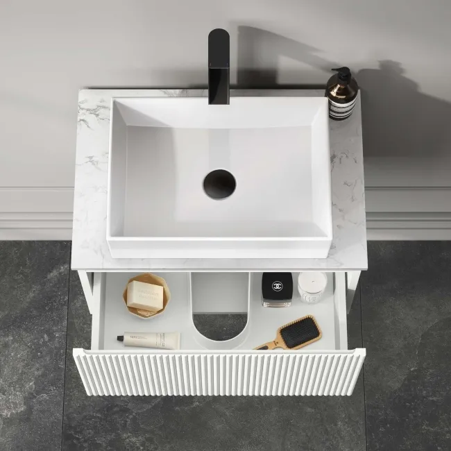 Malta Fluted Coastal White Wall Hung Drawer Vanity with Marble Top & Cody Basin 600mm