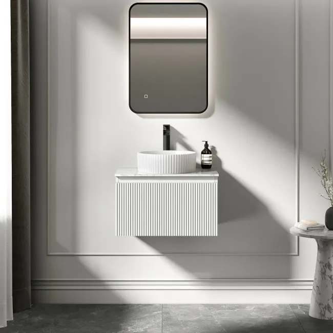 Malta Fluted Coastal White Wall Hung Drawer Vanity with Marble Top & Nevis Basin 600mm