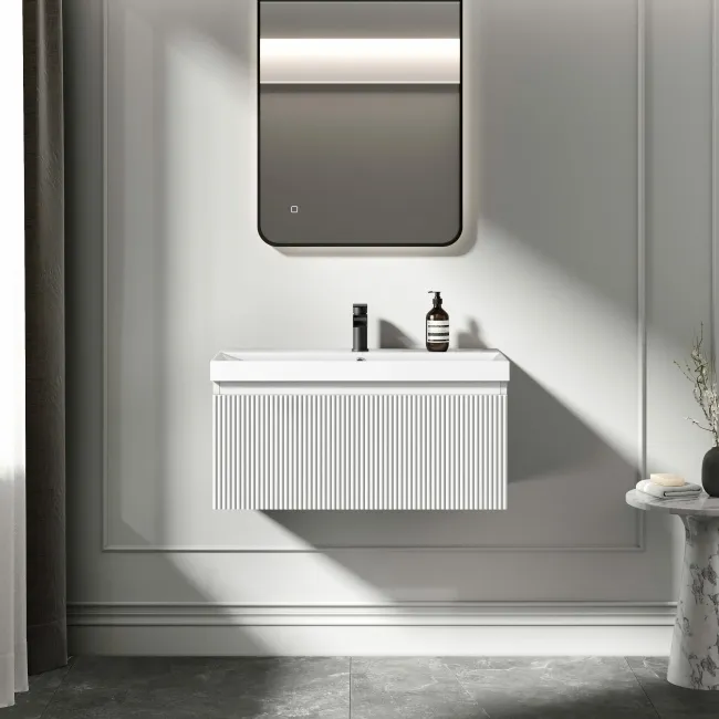 Malta Fluted Coastal White Wall Hung Basin Drawer Vanity 800mm