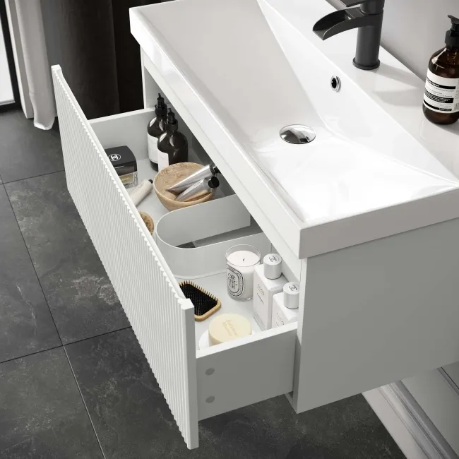Malta Fluted Coastal White Wall Hung Basin Drawer Vanity 800mm
