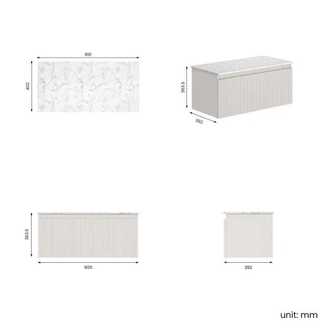 Malta Fluted Coastal White Wall Hung Drawer Vanity with Marble Top 800mm - Excludes Counter Top Basin