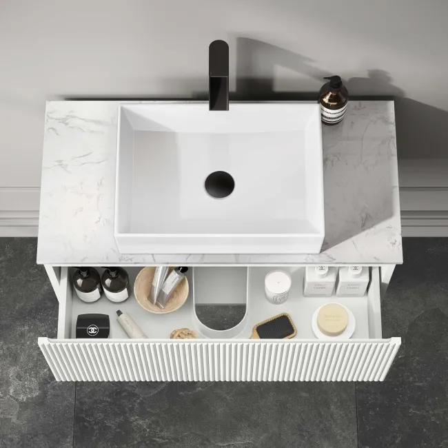 Malta Fluted Coastal White Wall Hung Drawer Vanity with Marble Top & Cody Basin 800mm