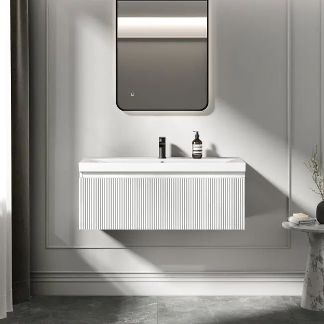 Malta Fluted Coastal White Wall Hung Basin Drawer Vanity 1000mm