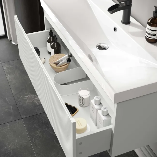 Malta Fluted Coastal White Wall Hung Basin Drawer Vanity 1000mm