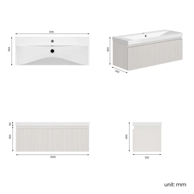 Malta Fluted Coastal White Wall Hung Basin Drawer Vanity 1000mm