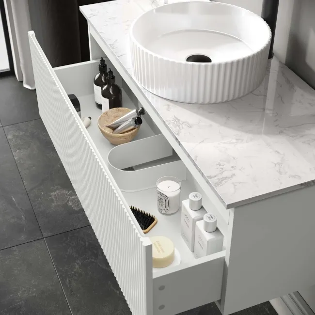 Malta Fluted Coastal White Wall Hung Drawer Vanity with Marble Top & Nevis Basin 1000mm