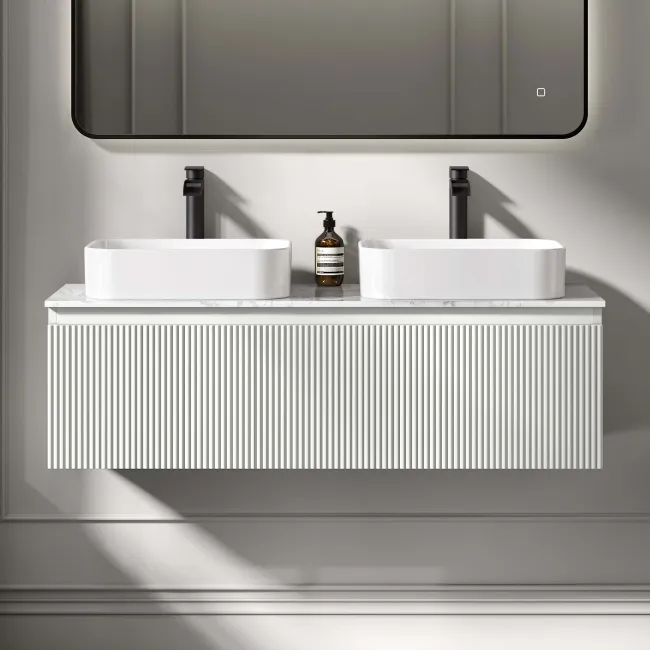 Malta Fluted Coastal White Double Wall Hung Drawer Vanity with Marble Top & Marin Basin 1200mm
