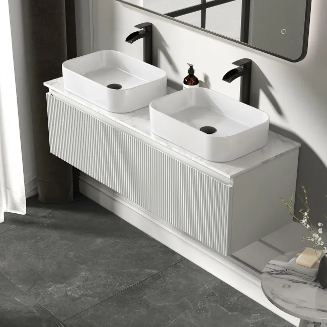 Malta Fluted Coastal White Double Wall Hung Drawer Vanity with Marble Top & Marin Basin 1200mm