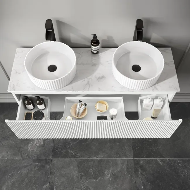 Malta Fluted Coastal White Double Wall Hung Drawer Vanity with Marble Top & Nevis Basin 1200mm