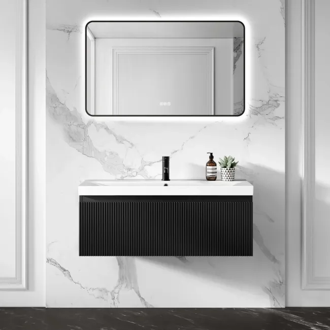 Malta Fluted Matt Black Wall Hung Basin Drawer Vanity 1000mm