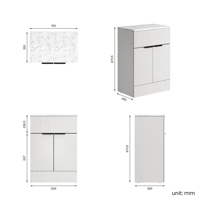 Havana Fluted Coastal White Cabinet with Marble Top 600mm (Excludes Counter Top Basin) - Black Accents