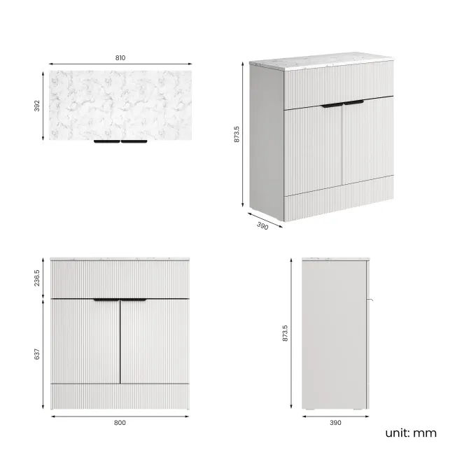 Havana Fluted Coastal White Cabinet with Marble Top 800mm (Excludes Counter Top Basin) - Black Accents
