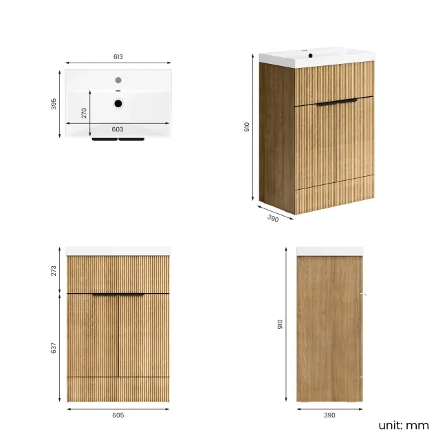 Havana Fluted Country Oak Basin Vanity 600mm - Black Accents