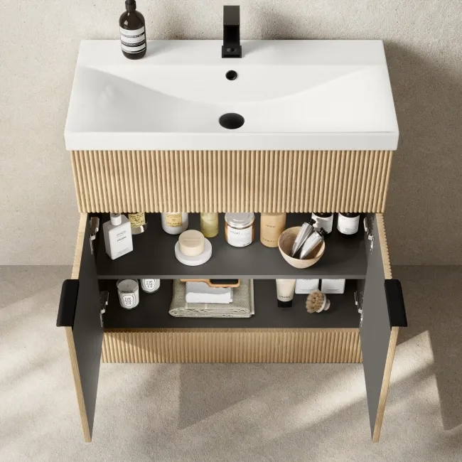 Havana Fluted Country Oak Basin Vanity 800mm - Black Accents