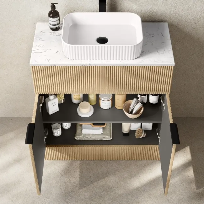 Havana Fluted Country Oak Cabinet with Marble Top & Reno Basin 800mm - Black Accents