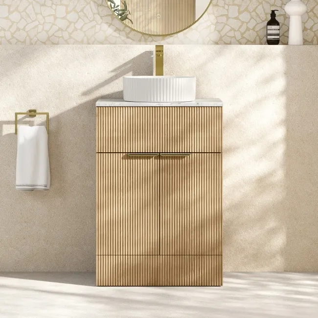 Havana Fluted Country Oak Cabinet with Marble Top & Nevis Basin 600mm - Brushed Brass Accents