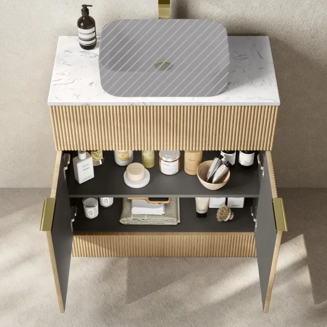 Havana Fluted Country Oak Cabinet with Marble Top 800mm (Excludes Counter Top Basin) - Brushed Brass Accents