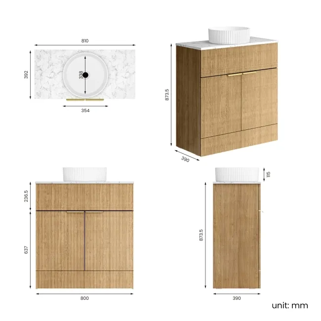 Havana Fluted Country Oak Cabinet with Marble Top & Nevis Basin 800mm - Brushed Brass Accents