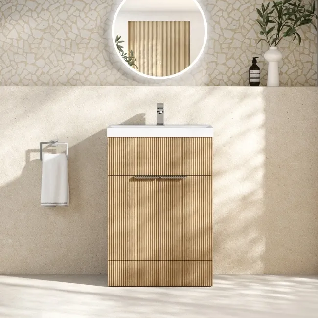 Havana Fluted Country Oak Basin Vanity 600mm - Chrome Handles