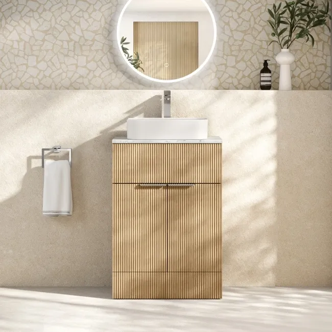 Havana Fluted Country Oak Cabinet with Marble Top & Marin Basin 600mm - Chrome Handles