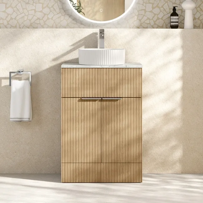 Havana Fluted Country Oak Cabinet with Marble Top & Nevis Basin 600mm - Chrome Handles