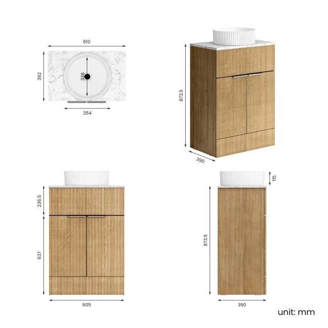 Havana Fluted Country Oak Cabinet with Marble Top & Nevis Basin 600mm - Chrome Handles