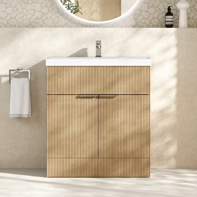 Havana Fluted Country Oak Basin Vanity 800mm - Chrome Handles