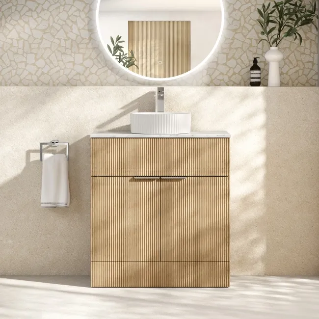 Havana Fluted Country Oak Cabinet with Marble Top & Nevis Basin 800mm - Chrome Handles