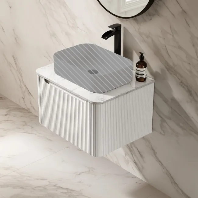Sorrento Fluted Coastal White Wall Hung Drawer Vanity with Marble Top 600mm - Excludes Counter Top Basin