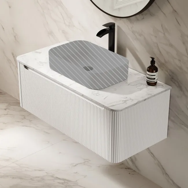 Sorrento Fluted Coastal White Wall Hung Drawer Vanity with Marble Top 1000mm - Excludes Counter Top Basin