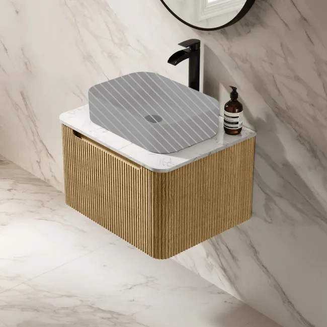 Sorrento Fluted Country Oak Wall Hung Drawer Vanity with Marble Top 600mm - Excludes Counter Top Basin