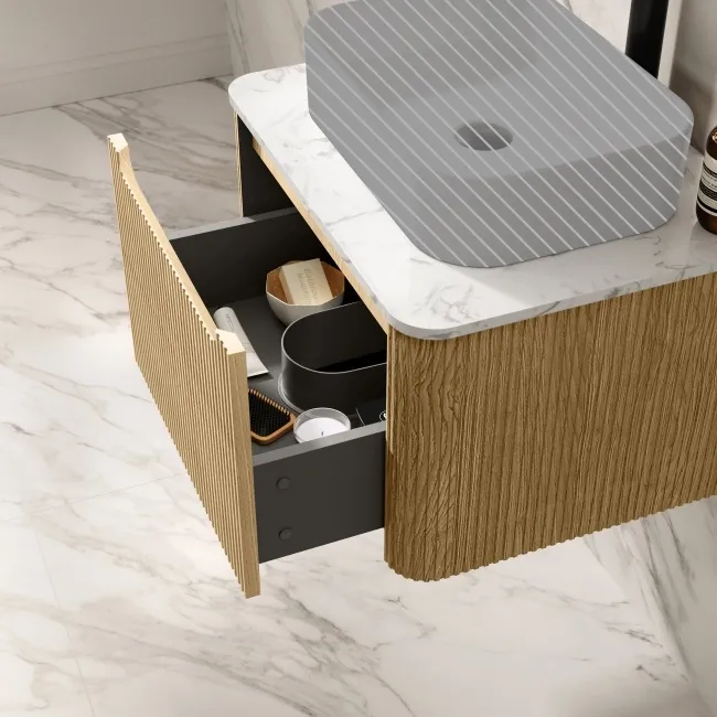 Sorrento Fluted Country Oak Wall Hung Drawer Vanity with Marble Top 600mm - Excludes Counter Top Basin