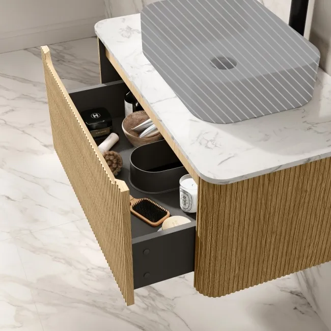 Sorrento Fluted Country Oak Wall Hung Drawer Vanity with Marble Top 800mm - Excludes Counter Top Basin