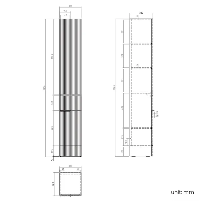Sicily Fluted Country Oak Floor Standing Tall Cabinet Unit 1900x300mm - Brushed Brass Accents
